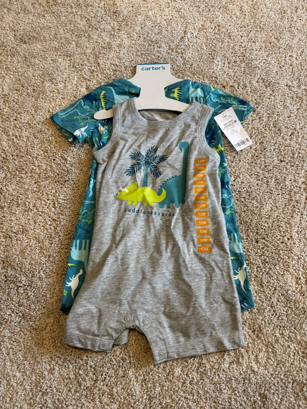 Brand new set of two boy rompers Carters Size 12 months NWT dinosaur print